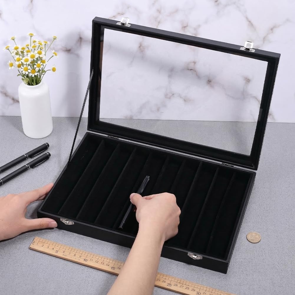 PH PandaHall 8 scomparti in pelle PU per penne stilografiche, scatola organizer nera con fibbia in metallo, custodia da collezione con finestra trasparente interna in velluto per ufficio, casa, regalo