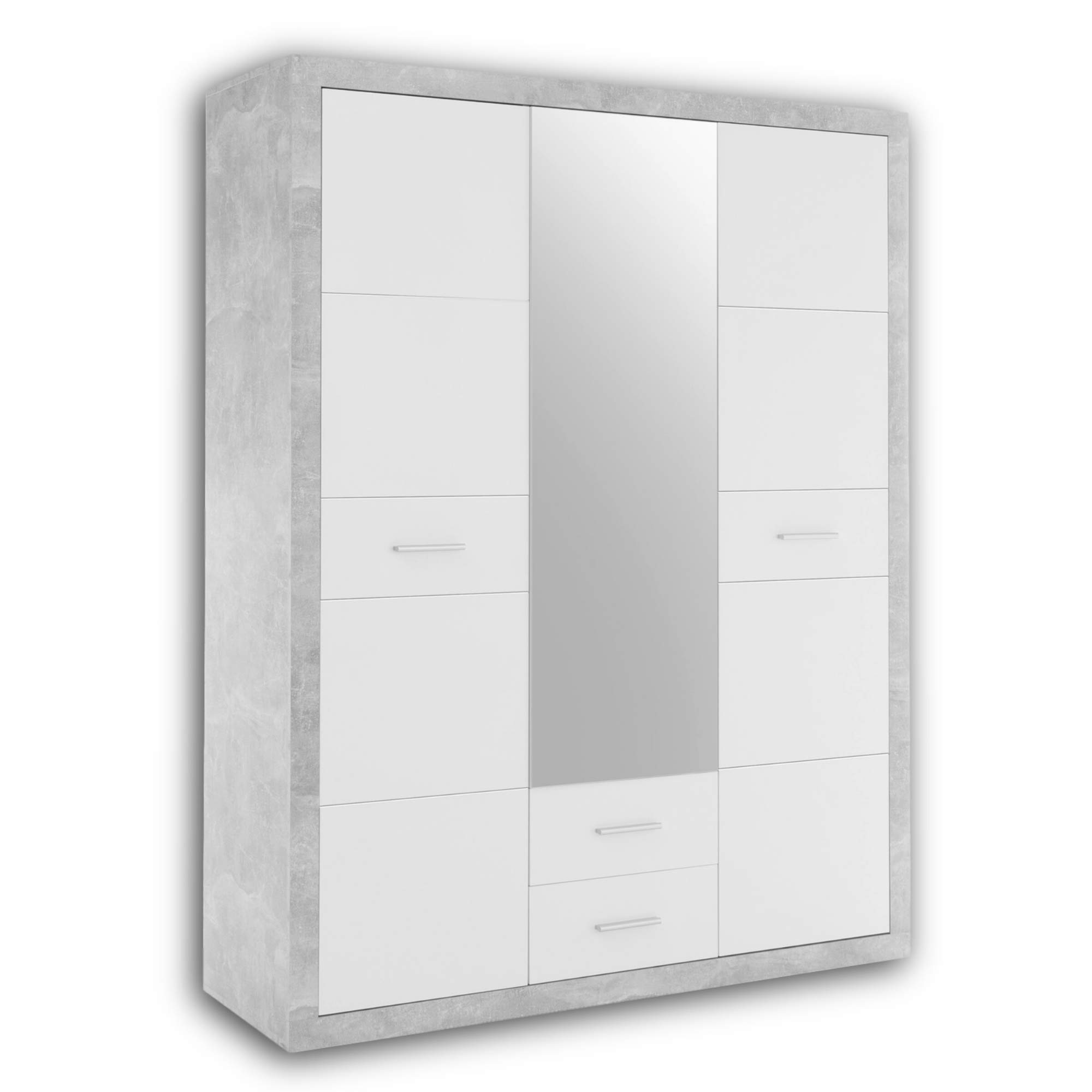 STONE Kleiderschrank Schrank Drehtürenschrank Beton-Optik Weiß mit Spiegel | 151 x 198 x 55 cm (B/H/T), Schlafzimmer, 3 Türen, Kleiderstange, inklusive Einlegeböden, viel Stauraum