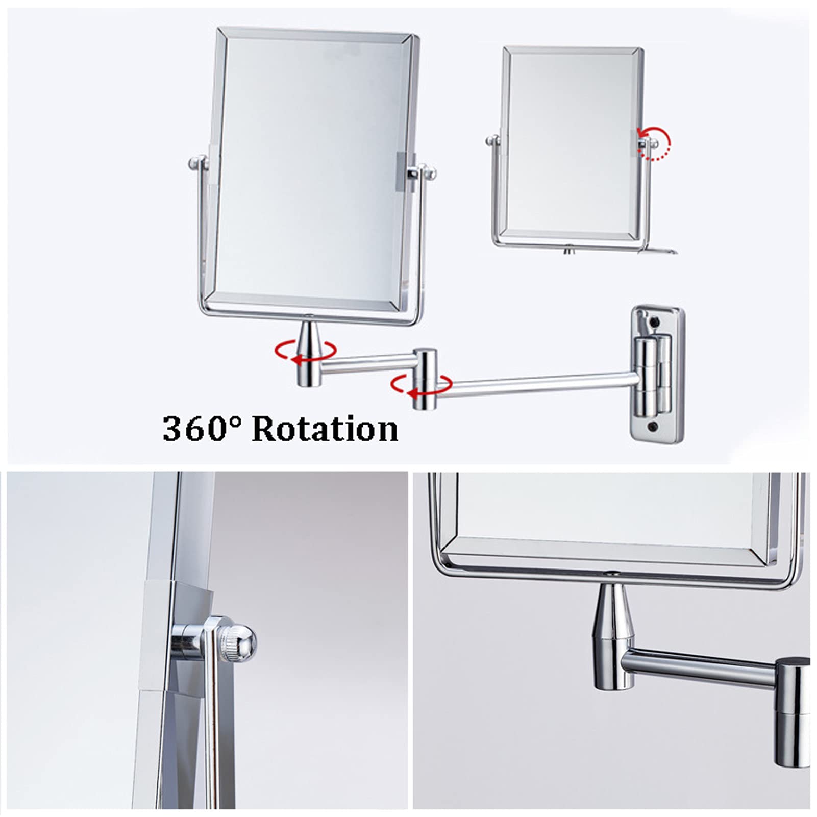 Specchio Trucco da Bagno Parete Rettangolare,Specchio Double Face Specchio Cosmetico Ingranditore,con Ingrandimento 1X/3X,Girevole a 360°,per Bagno Hotel Spa