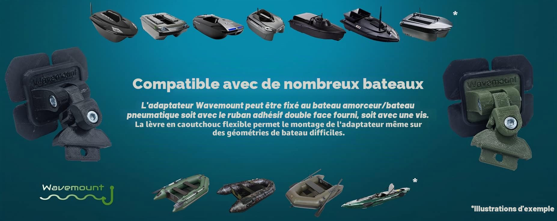 Wavemount - Support Deeper pour tous les bateaux d'alimentation et bateaux pneumatiques (kit de fixation)
