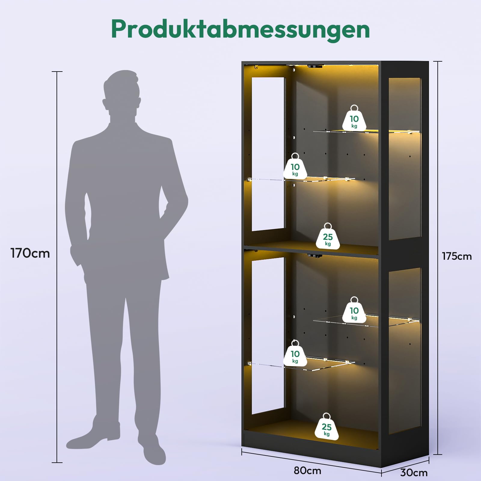 Lamtor Glasvitrinen Stehend mit LED Beleuchtung – 175 cm Glas Vitrinenschrank Wohnzimmer, Vitrine mit Verstellbares Regal, APP & Remote Control 6000+RGB (Schwarz)