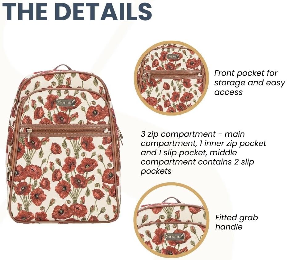 Signare Tapestry Backpack for Women Computer Rucksack Knapsack bookbags for women In Poppy Floral Design (BKPK-POP)
