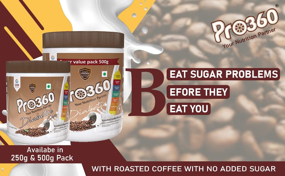 Image of Pro360 Diabetic Care Protein Powder for the Dietary Management of People With Diabetes - Helps in Managing Blood Glucose - No Added Sugar (Roasted Coffee Flavour) 500+ 500g Pack of 2