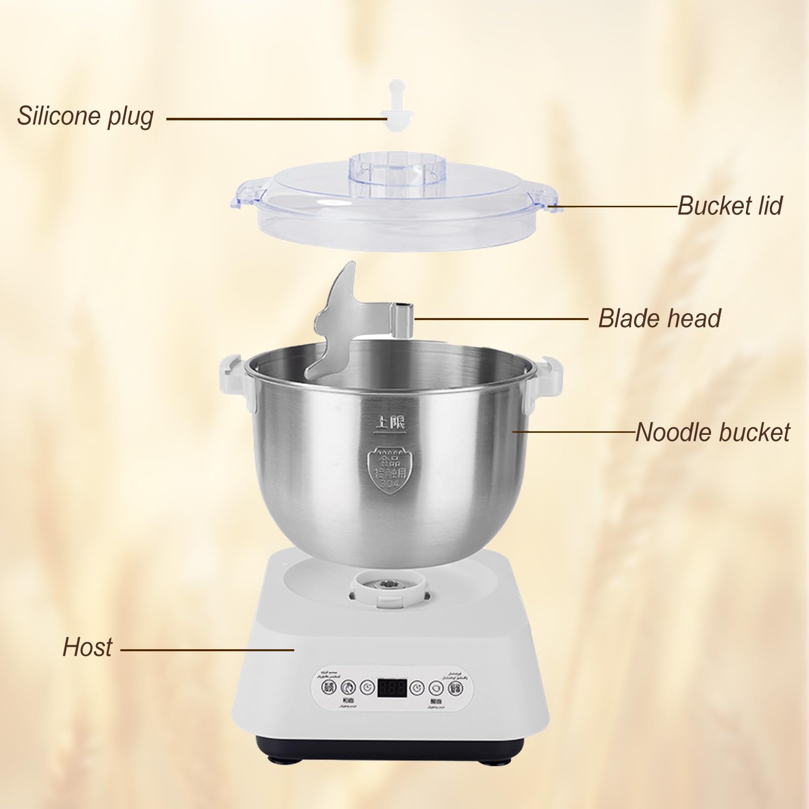 Edelstahl Teigmehl Mixer, 7L Teigknetmaschine mit Fermentierungsfunktion, Edelstahl Teigmaschine mit Timing, Touch Panel, auswechselbarer Klinge für das Backen zu Hause
