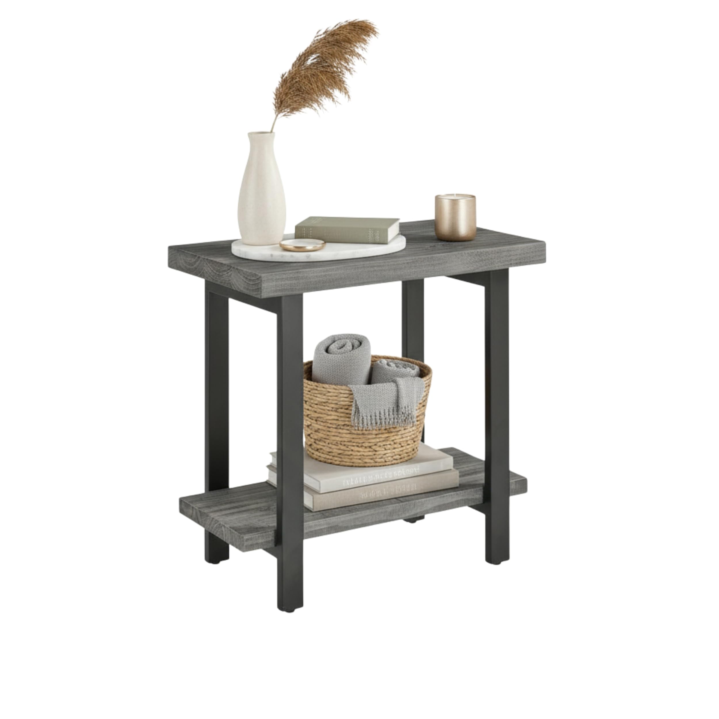 Alaterre Furniture Pomona Metal and Wood 2-Tier End Table, Living Room Furniture, Rustic, Natural Finish with Solid Wood, 2 Shelves in Slate Gray