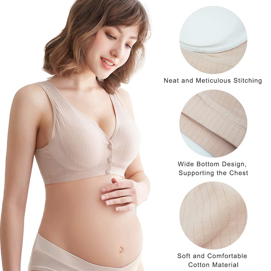 ATOX Nursing Bras for Breastfeeding Cotton Wireless Maternity Bra Seamless Support Front Snap Padded Bralettes Beige - Image 3 thumbnail