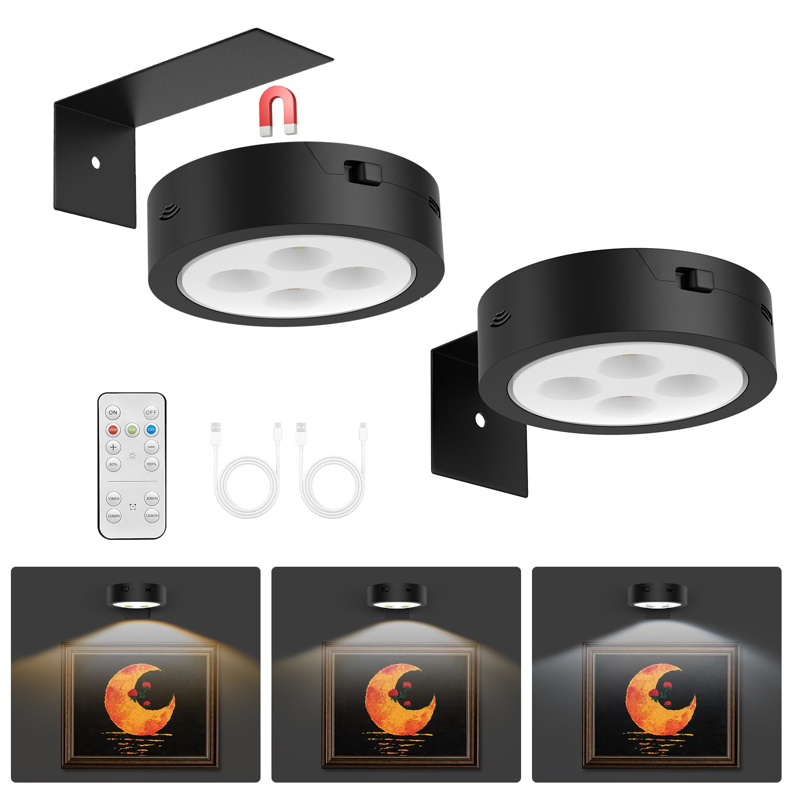 2Pack LED Picture Lights - Rechargeable Battery Operated Art Display Light with Remote Control, Timer & Dimmable Wall Sconce for Wall Art