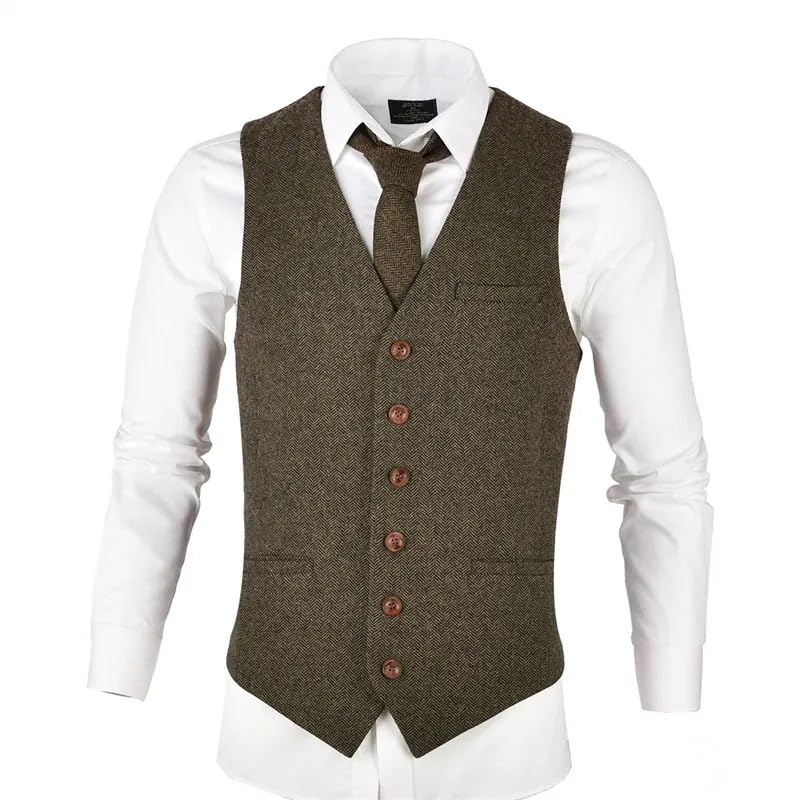 Mens Wool Blends Waistcoat Single-Breasted Herringbone Slim Fitted Suit Vests3