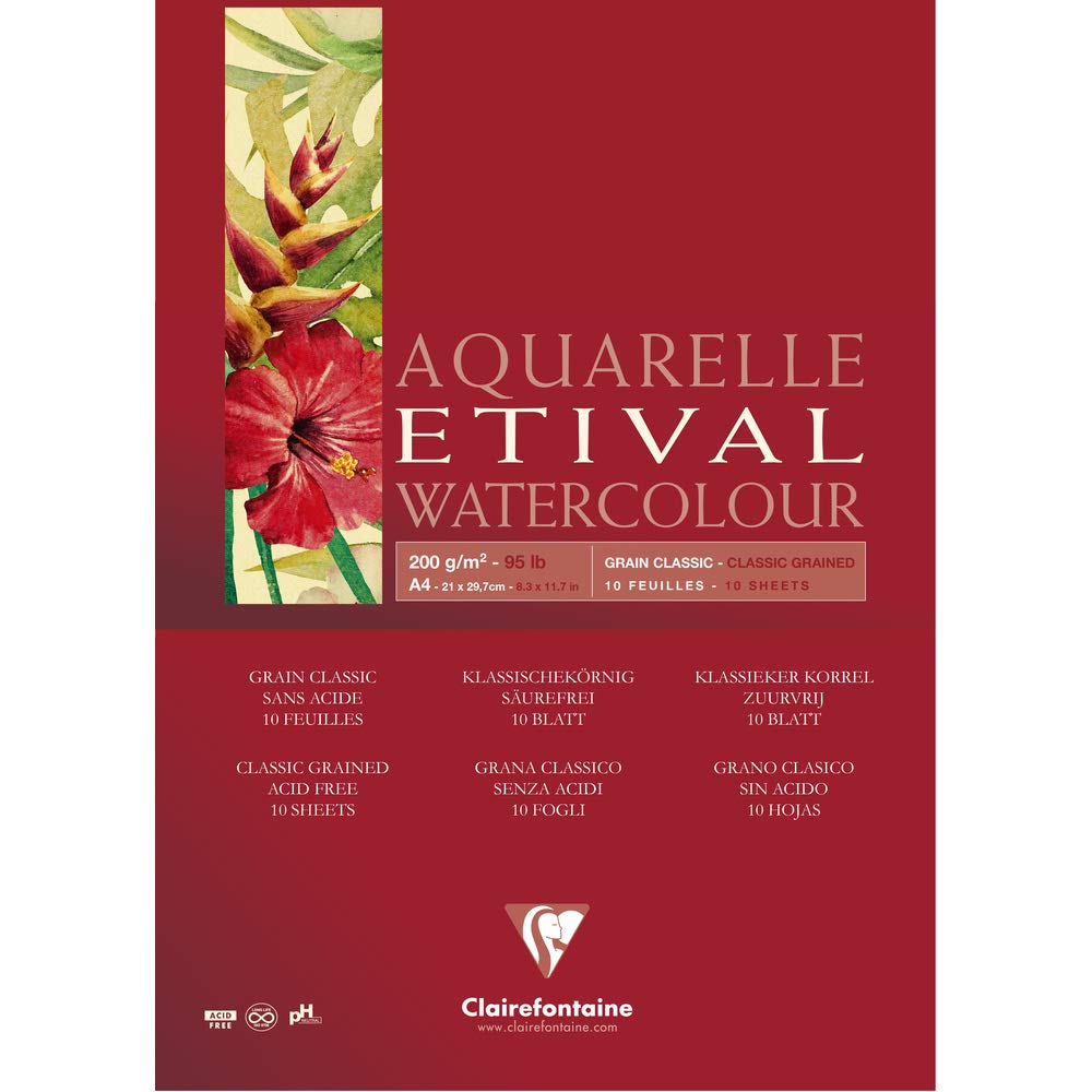 Clairefontaine - Ref 96374C - Etival Classic Grained Glued Watercolour Painting & Drawing Pad (10 Sheets of Paper) - A4 (29.7 x 21cm) - 200gsm Cellulose Art Paper
