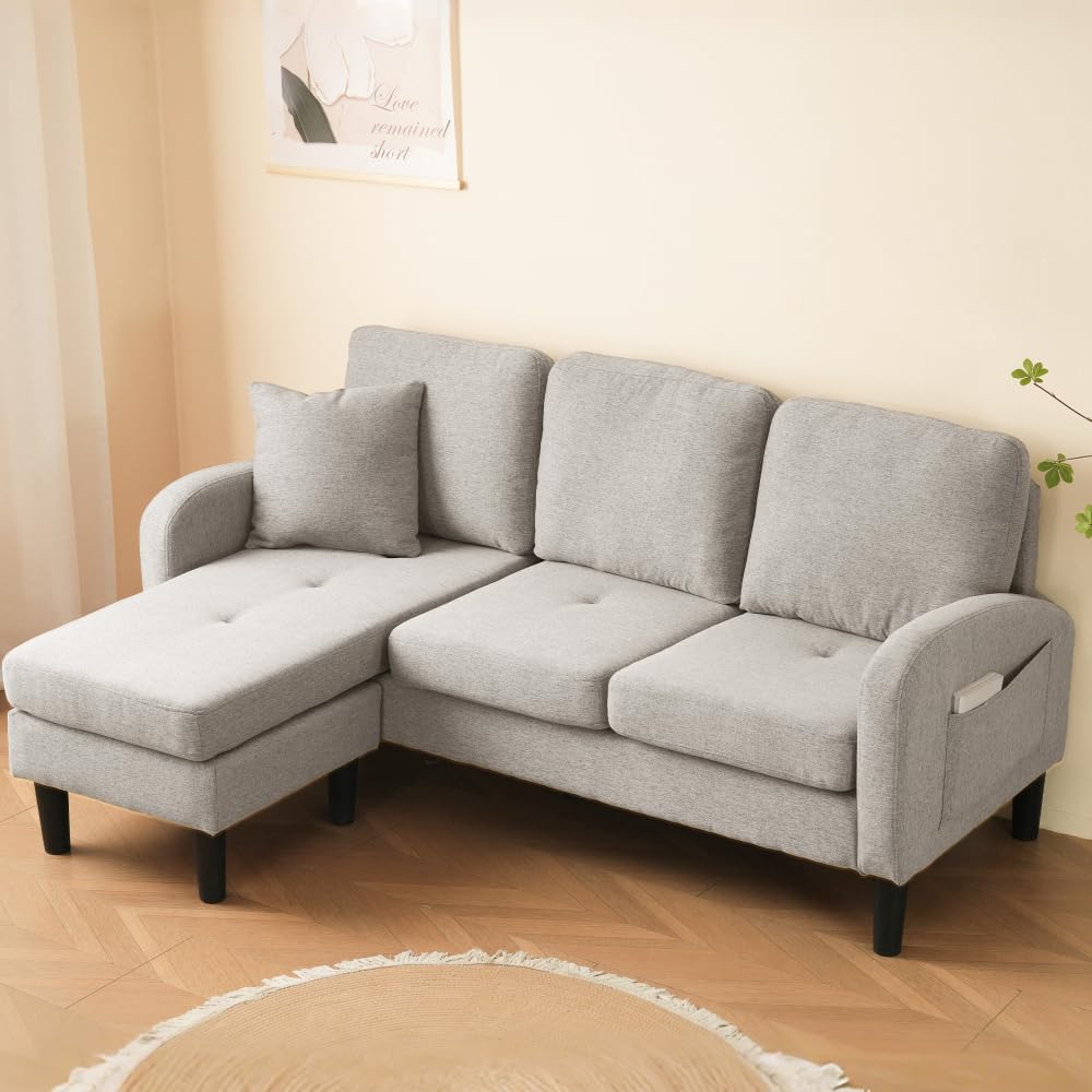 Sofá esquinero con chaise longue intercambiables, sofá de 2 a 3 plazas con 1 cojín, bolsillos laterales, sofá acolchado, patas para sillas de plástico, diseño modular, lino algodón, beige gris (166 x