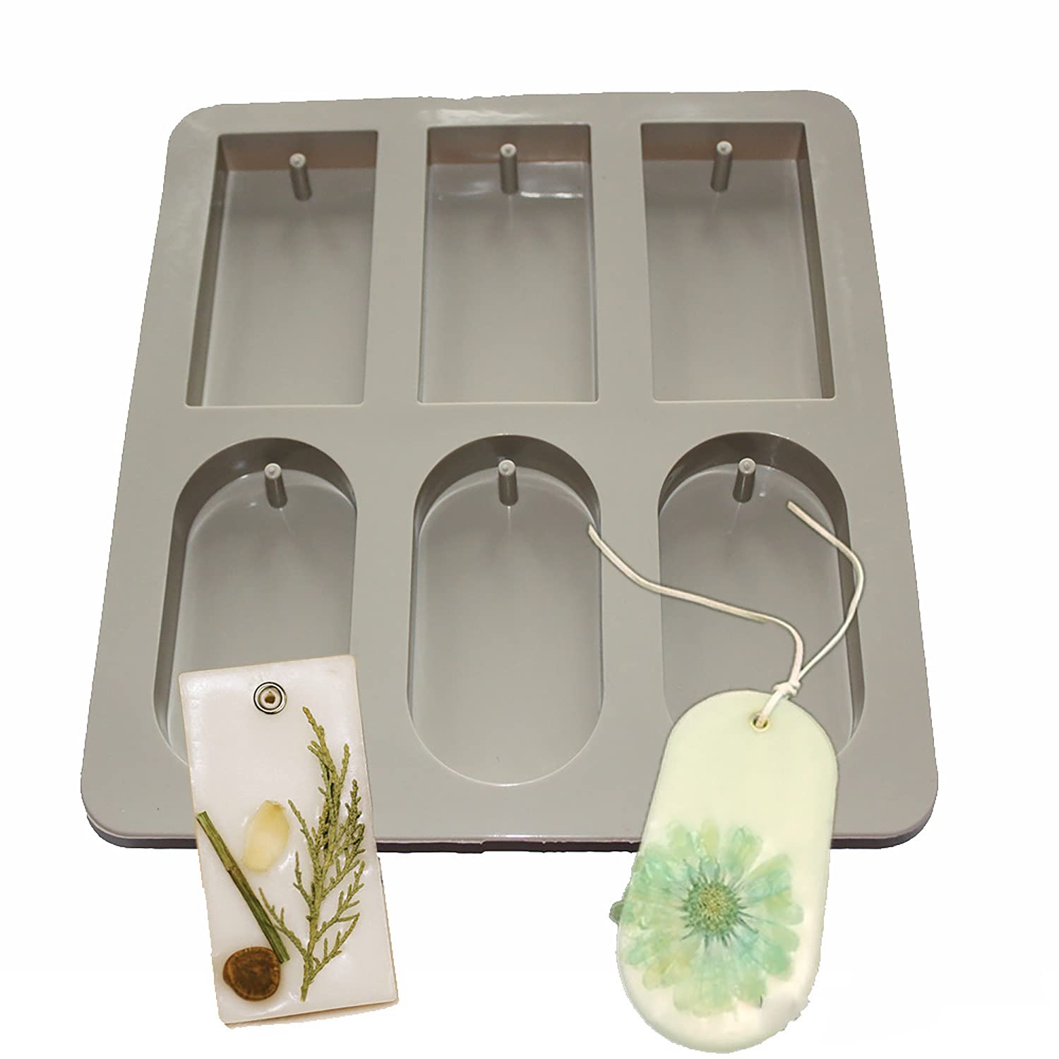 X-Haibei Round Rectangle Soap Mold with Hole - 4.1 Inch Aromatherapy & Loofah Soap on a Rope Maker, Heavy Duty Food Grade Silicone for Wax, Epoxy Resin, Plaster Craft