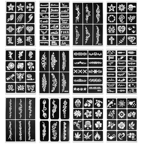 ASOUUNLD 12 Blätter Henna Schablonen 142 Temporäre Tattoo für Körperbemalung Wiederverwendbare PVC Tattoo Vorlagen für Frauen Erwachsene Ideal für Hochzeit Party DIY Körperkunst (29x21cm)