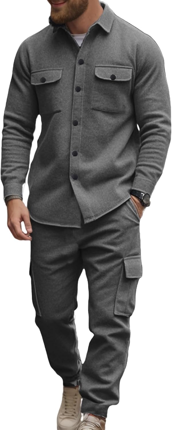 Mens Outdoor Outfits 2 Piece Sets Fleece Regular Fit Coveralls Thermal Outfits Button Down Shirts and Cargo Pants