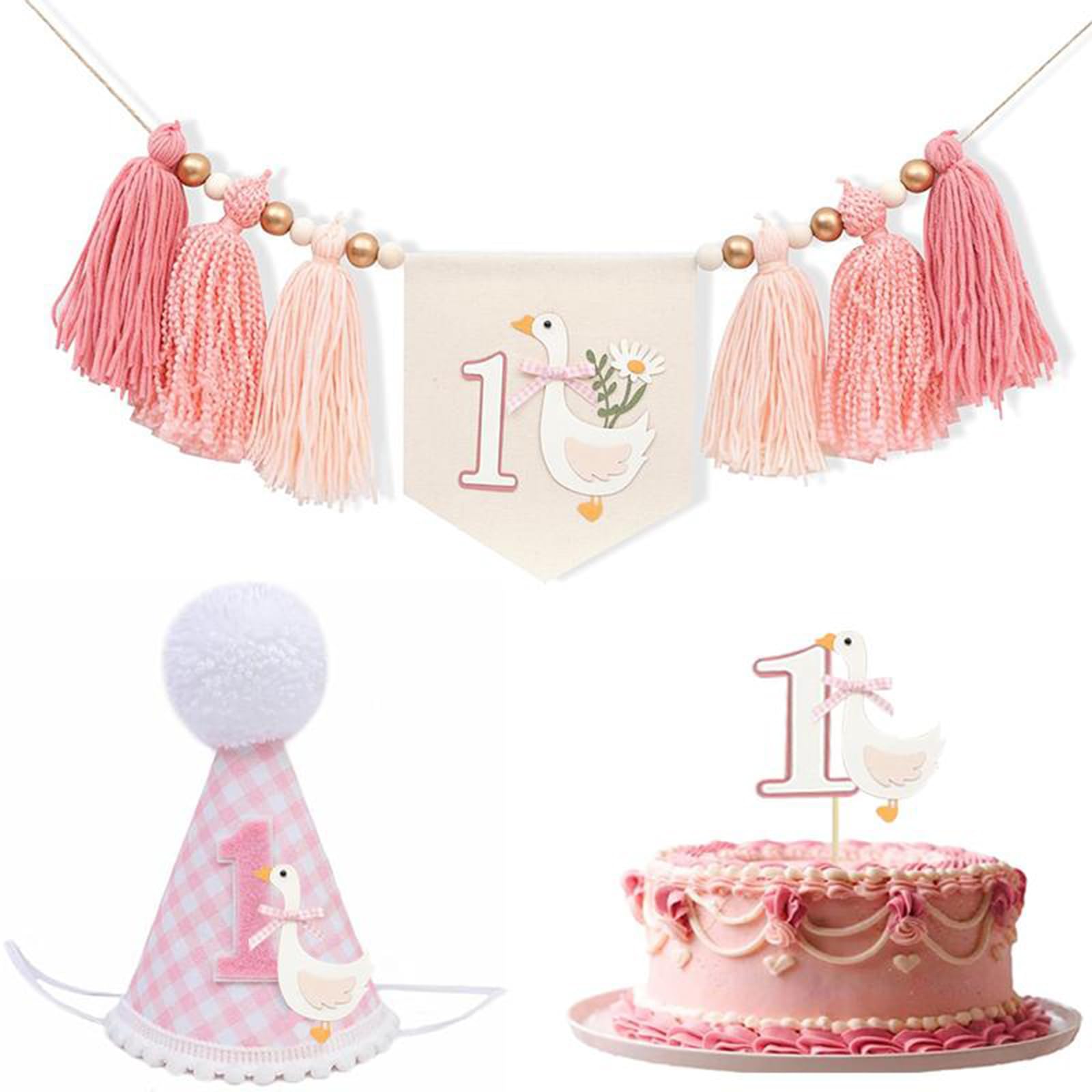 1st Birthday Party Banner Decorations 3pcs Cute Goose Cone Party Hat+Cake Topper+Tassel Garland for Baby Girls Boys (Pink, 3Pcs)