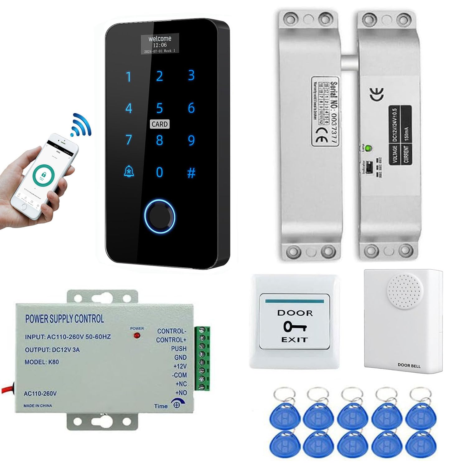 YAVIS Con pantalla Sistema de Controlador de Acceso WIFI TUYA Huellas Digitales impermeable Teclado táctil Lector de tarjetas RFID 125KHz/13,56MHz NFC, 12V Cerradura con botón eléctrico, Alimentación