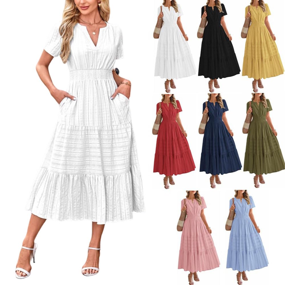 Vestidos Largos Casuales de Verano para Mujer, Ligeros, de Manga Corta, Cuello en V, Cintura elástica Fruncida, Vestido Largo Fluido con Bolsillos