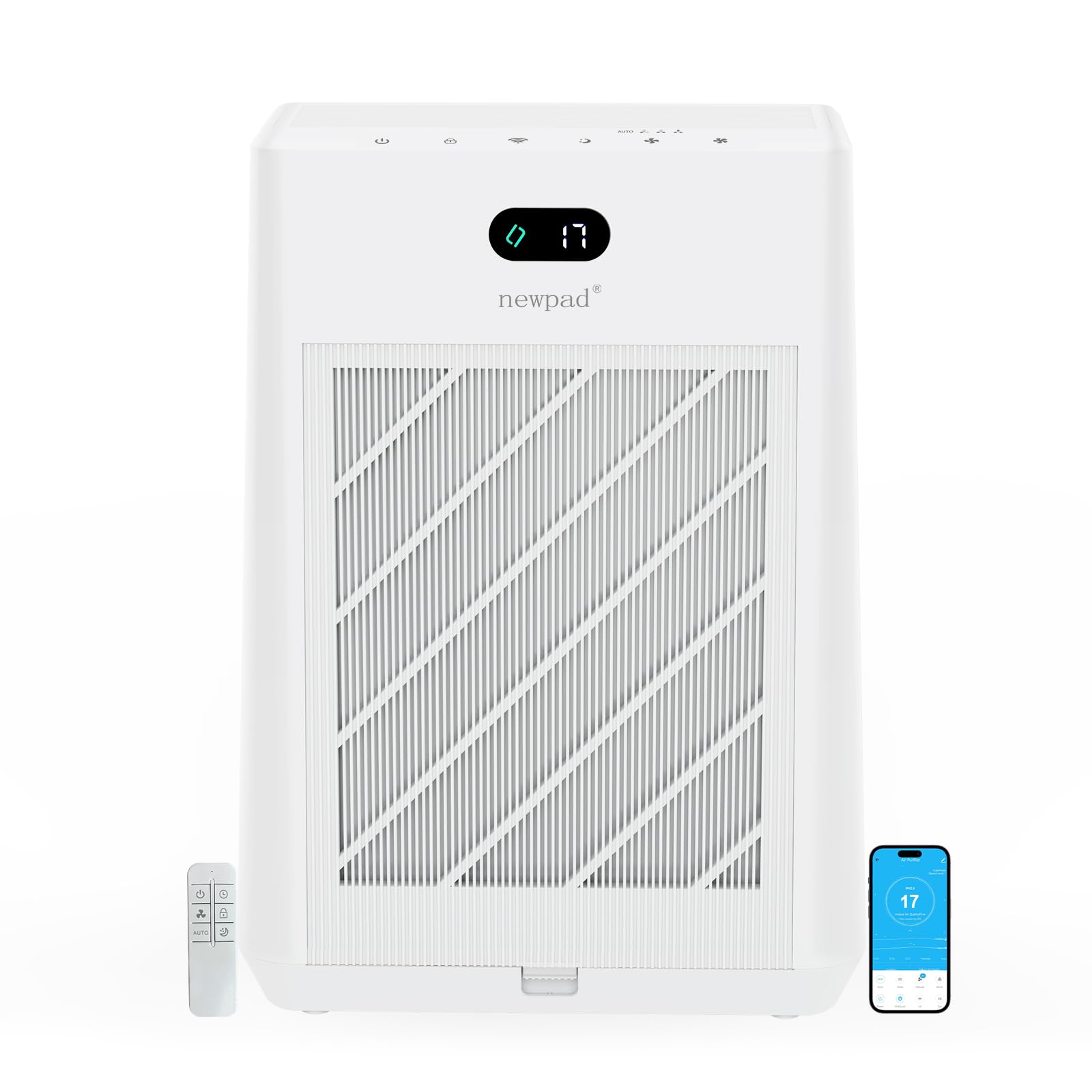 Newpad Air Purifiers for Home Large Room Covers Up to 2277 Ft², 22 dB HEPA Air Purifiers for Home Bedroom, Smart WiFi & Remote Control, Air Quality Monitor, Timer, Child Lock, KJ-520, White