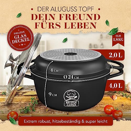 Foto von KRUSTENZAUBER 24cm Aluguss Bräter mit Deckel backofengeeignet [inkl. Glasdeckel] - 4L Aluminium Schmortopf & Bratpfanne - Idealer Bräter Induktion, Schmorpfanne, Bratentopf, Gussbräter, Kasserolle