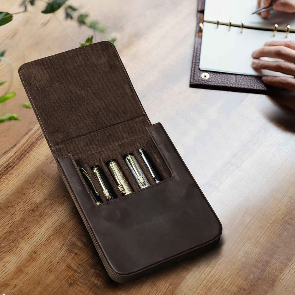 Étui à crayons en cuir véritable, porte-crayon vintage, accessoires de bureau élégants, boîte d'organisation pour voyage, Café 1-6, Medium