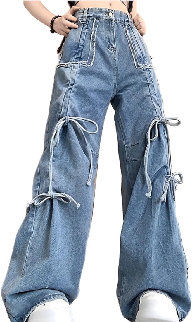 Y2K Gothic Kawaii Casual Style High Waisted Loose Wide Legs Vintage Distressed Jeans Drawstring Denim Pants