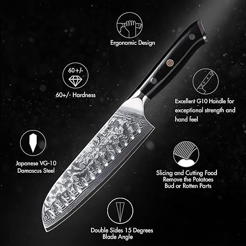Vista 6 de TURWHO Cuchillo Santoku profesional de 7 pulgadas, diseño clásico de damasco japonés VG-10 cuchillo de chef de acero