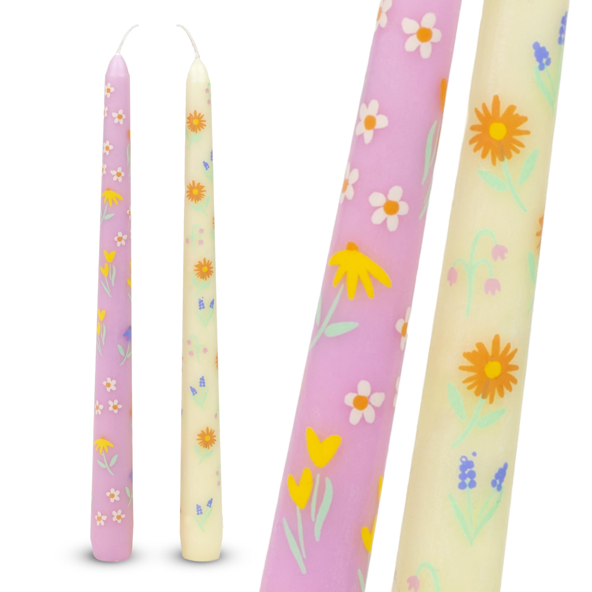 2 x Tapered Floral Yellow & Pink Dinner Candles | Ideal Mothers Day Gift - Ditsy Flowers - Unscented, 8 Hours Burn Time - Eco-Friendly Packaging,Easter Table Décor Talking Tables Branded