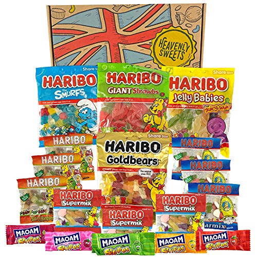 Heavenly Sweets Boite Bonbon Haribo - Sélection de Gummy Bears, Chewy Sweets, Classic Jelly Candy - Mini Sachets et Boite Cadeau pour Anniversaire, Noël, Halloween - Emballage Vintage - 28x19x4 cm