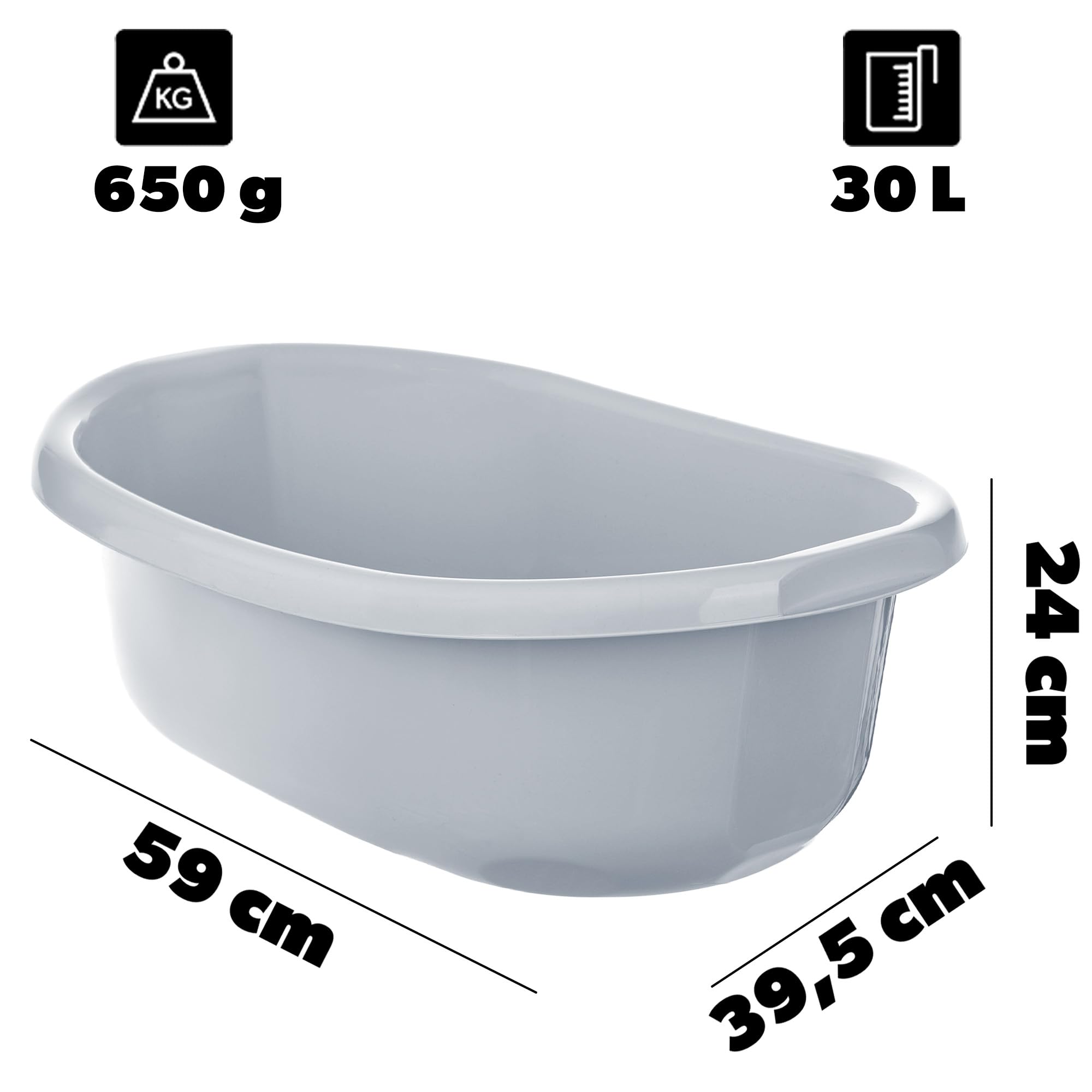 KADAX Waschschüssel 30L, große Spülschüssel aus Kunststoff, vielseitige Plastikschüssel, Kunststoffschüssel, Schüssel für Badezimmer, Spülwanne (Hellgrau)