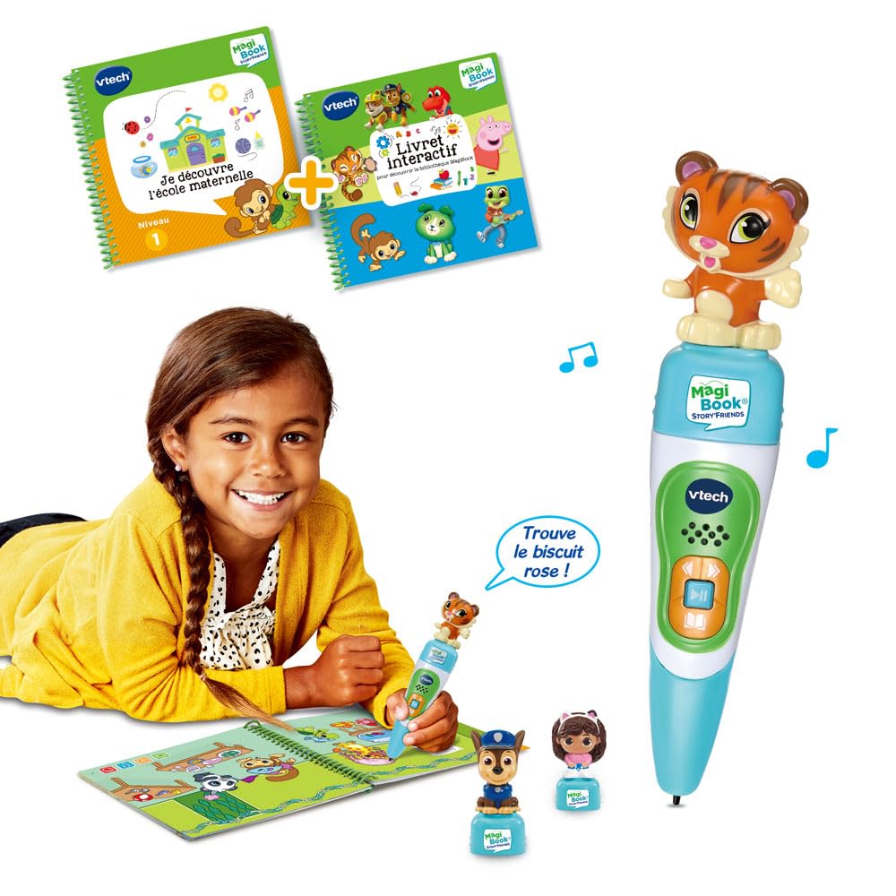 VTech - MagiBook Story'Friends Starter Pack - Coffret Complet avec Stylo Lecteur de Livre Interactif, Livre Jeu Maternelle et Figurine Tigre - Cadeau Enfant de 2 Ans à 8 Ans - Contenu en Français