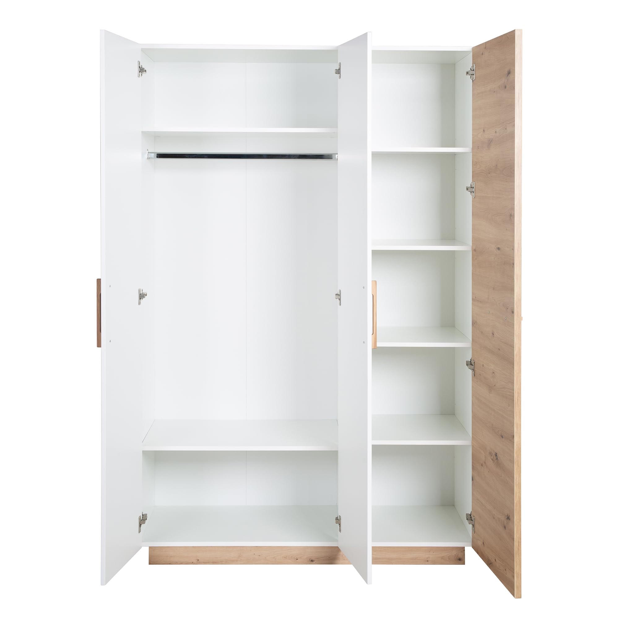 roba Kleiderschrank 'Lion' 3-türig Weiß/Holzdekor 'Artisan Eiche' Griffe aus massiver Eiche Drehtürenschrank HxBxT: 200 x 132 x 52,5 cm