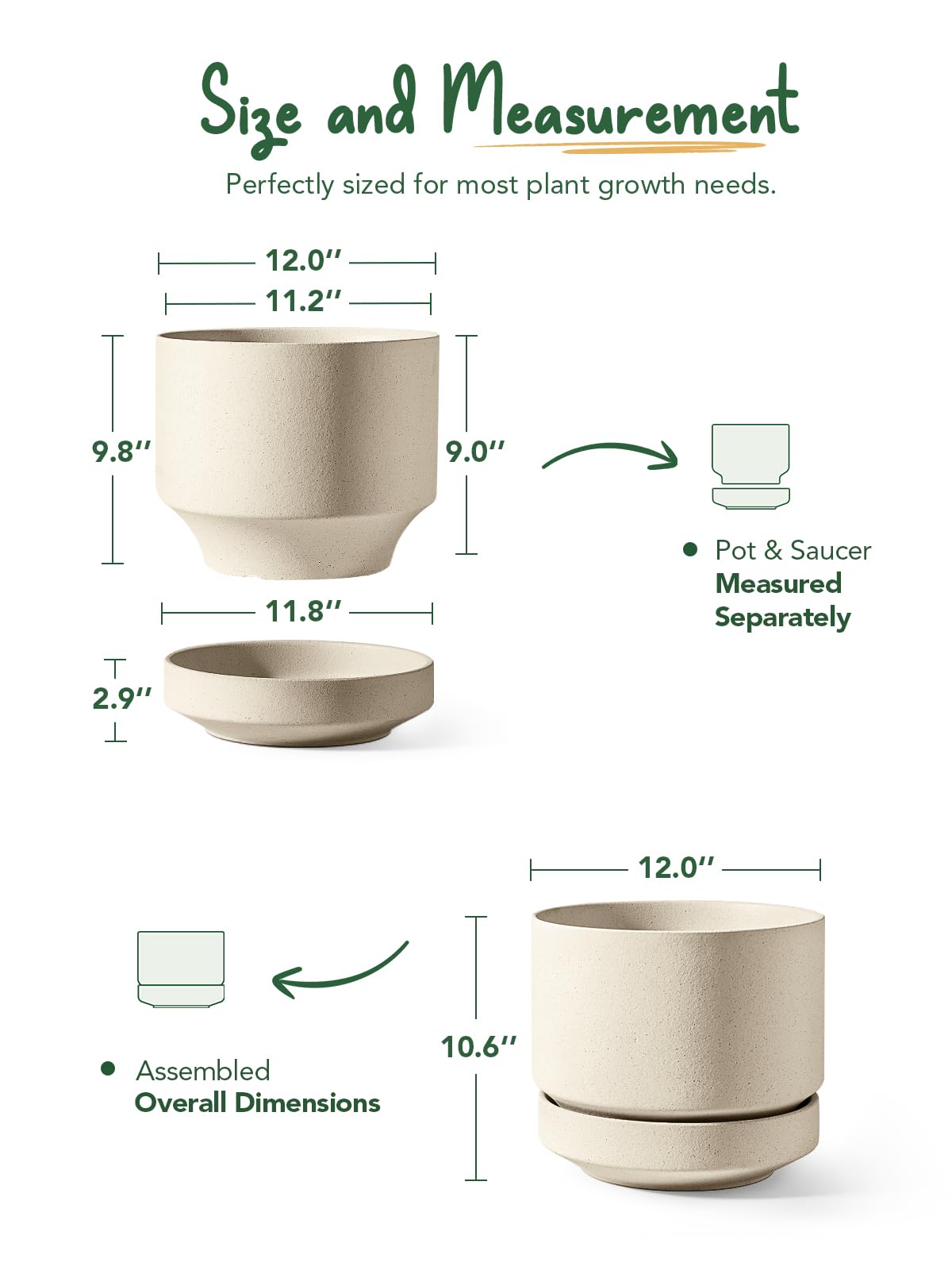 LE TAUCI Maceta de Cerámica Grande 30 cm con Plato - Macetero Grande para Exterior E Interior, con Agujero de Drenaje, Rejilla y Tapón, No Esmaltada y Transpirable - Beige Arena