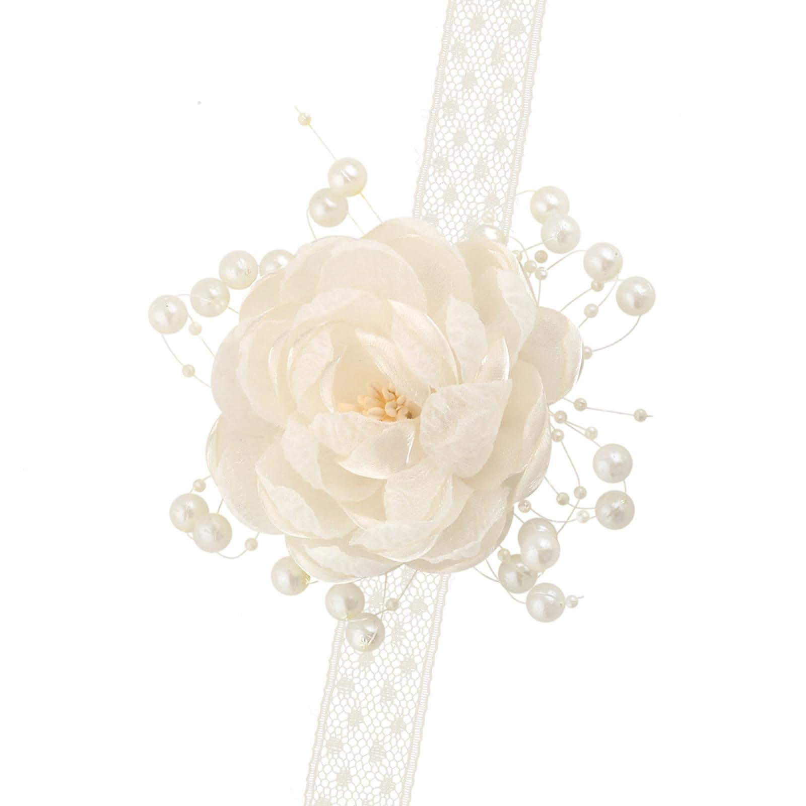 Msioytog Pearl & Lace Wrist Corsage with Organza Flowers for Bride Bridesmaid Wedding Reception Jewelry Wedding Wrist Flower