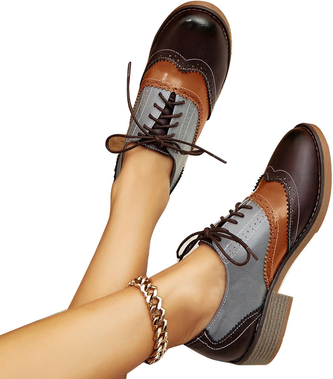 Retro Mix Color Women Oxford Shoes - Casual Chunky Heel