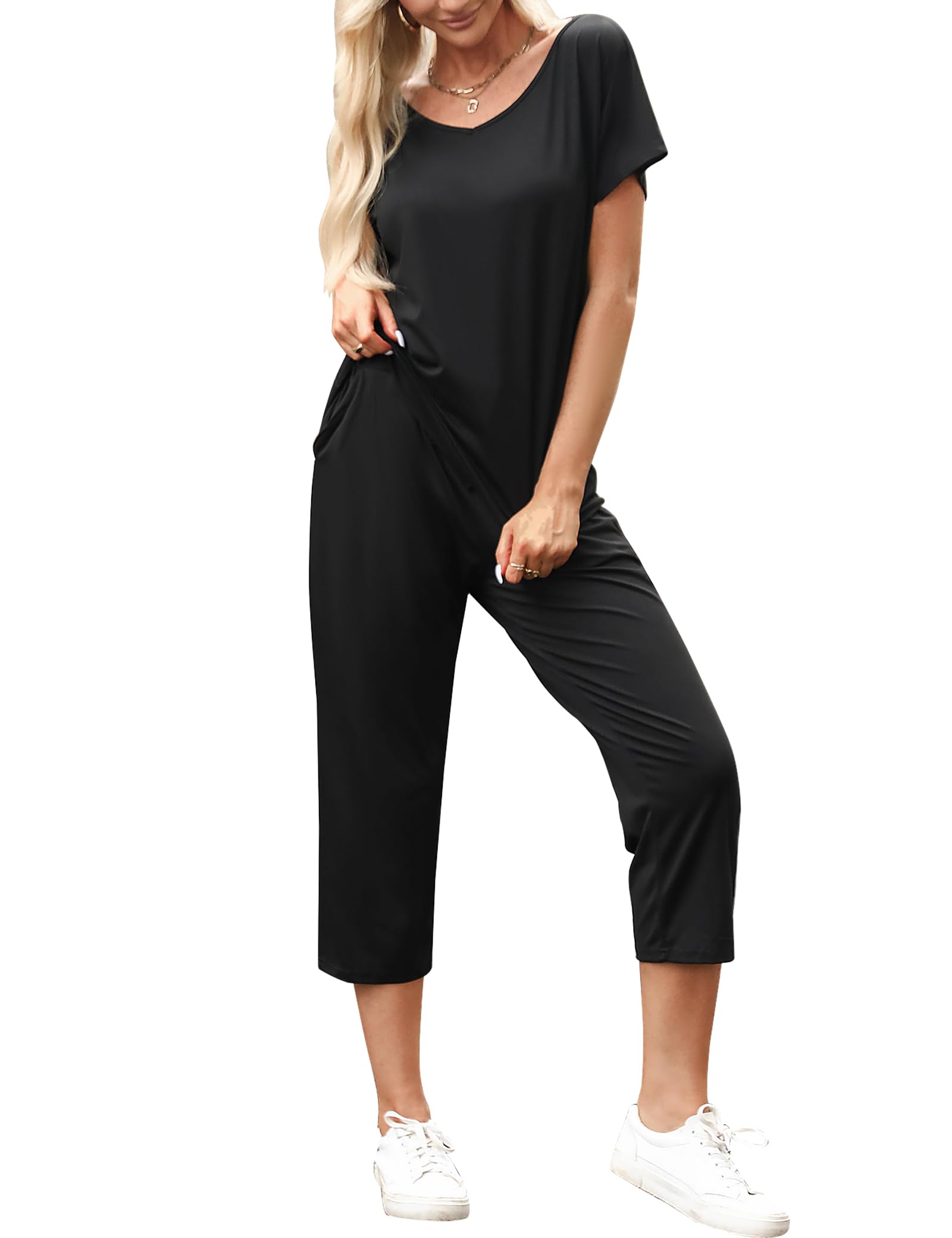 Totatuit Trainingsanzug Damen Sommer Tracksuit Kurzarm ärmel Tops und 3/4 Hose Elastischer Bund Dehnbarer Jogginganzug Elegant Hausanzug Loungewear Zweiteiler Outfit Set