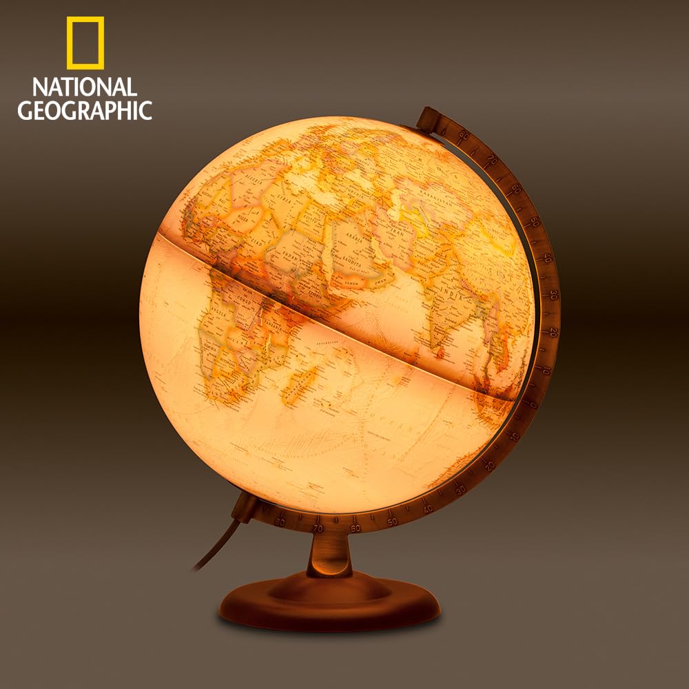 Tecnodidattica - Mappamondo National Geographic Gold Executive | Cartografia Fisico-Politica Stile Antico | Luminoso | Base in Legno e Meridiano in Metallo | Testi in Italiano | Diametro 30 cm