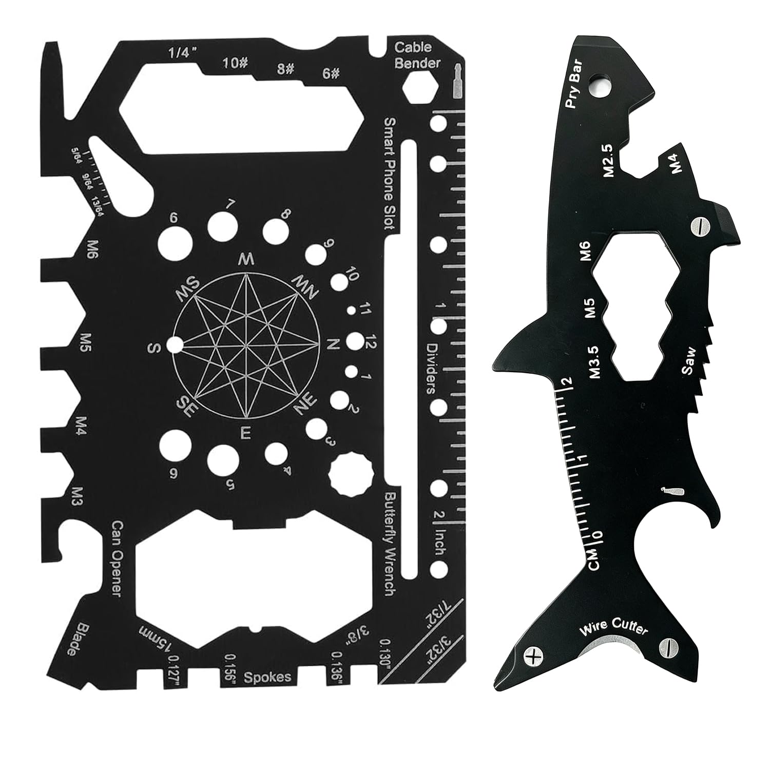 (2 Pack) 50 in 1 Multitool Wallet Card Tool and Shark-Shaped 15 in 1 Multi Tool, Mens Gifts, Birthday Gifts for Him,Valentines Day,Secret Santa Gifts for Men