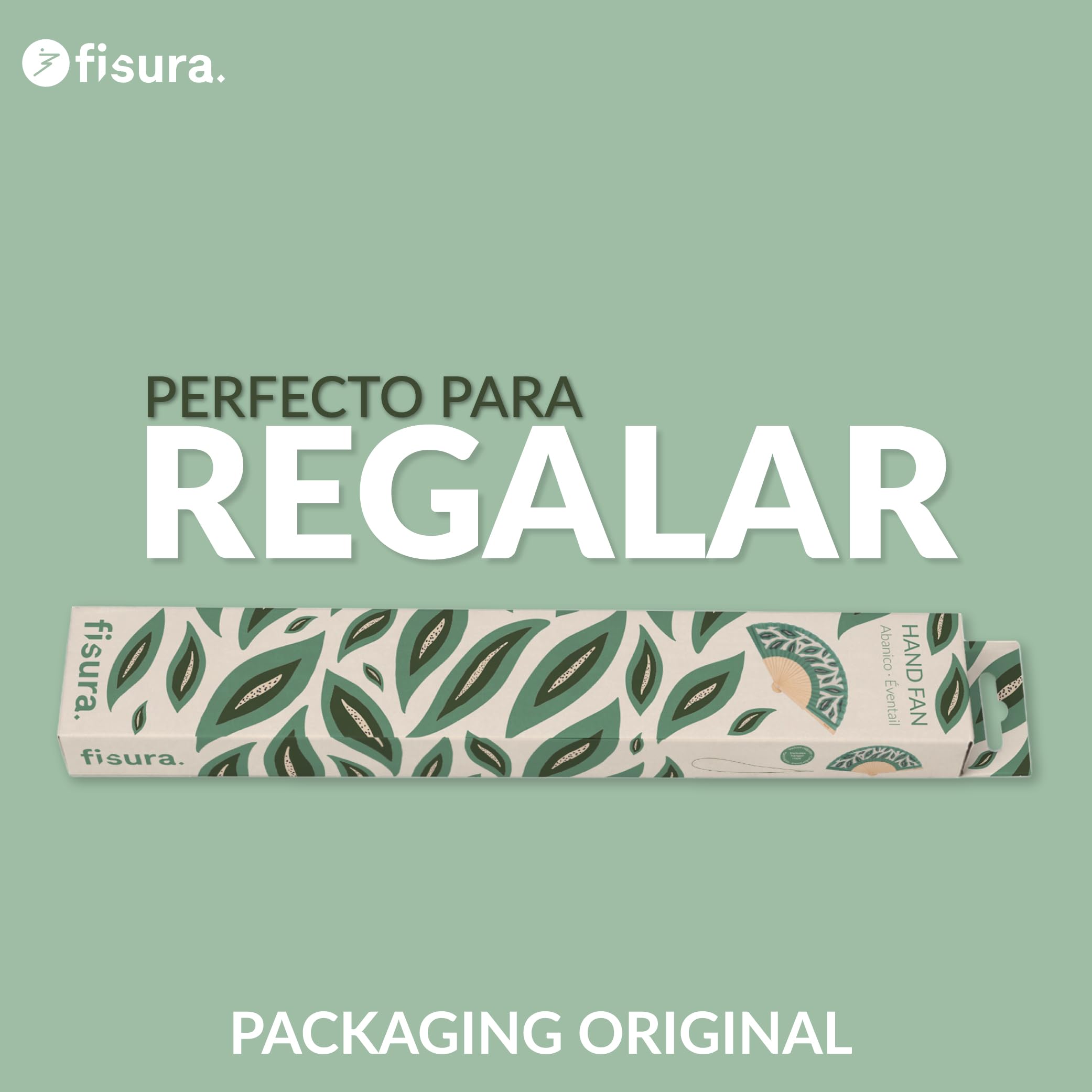 Fisura – Abanico Original con Estampado de Hojas. Abanico de Madera Moderno y Colorido. Ventilador de Mano Verde. Colgador Incluido. Idea de Regalo Divertido. 42,5 x 23 cm