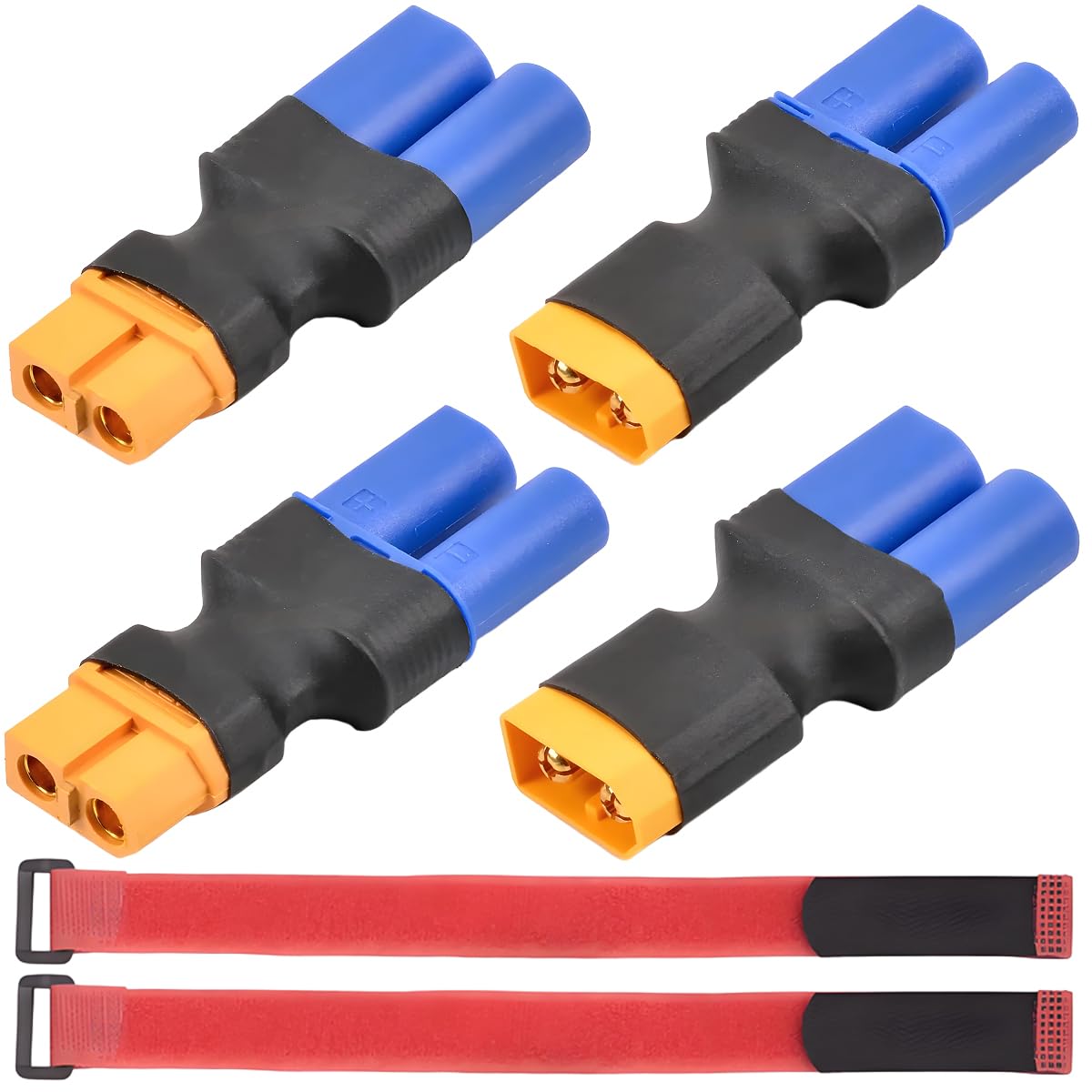 ZHUROUPU XT60 to EC5 Plug No Wires Connector, 4Pcs XT60 Male/Female to EC5 Plug Female/Male Conversion Adapter for RC Lipo NiMH Battery Charger for RC Aircraft Drones Model with Battery Velcro Tape