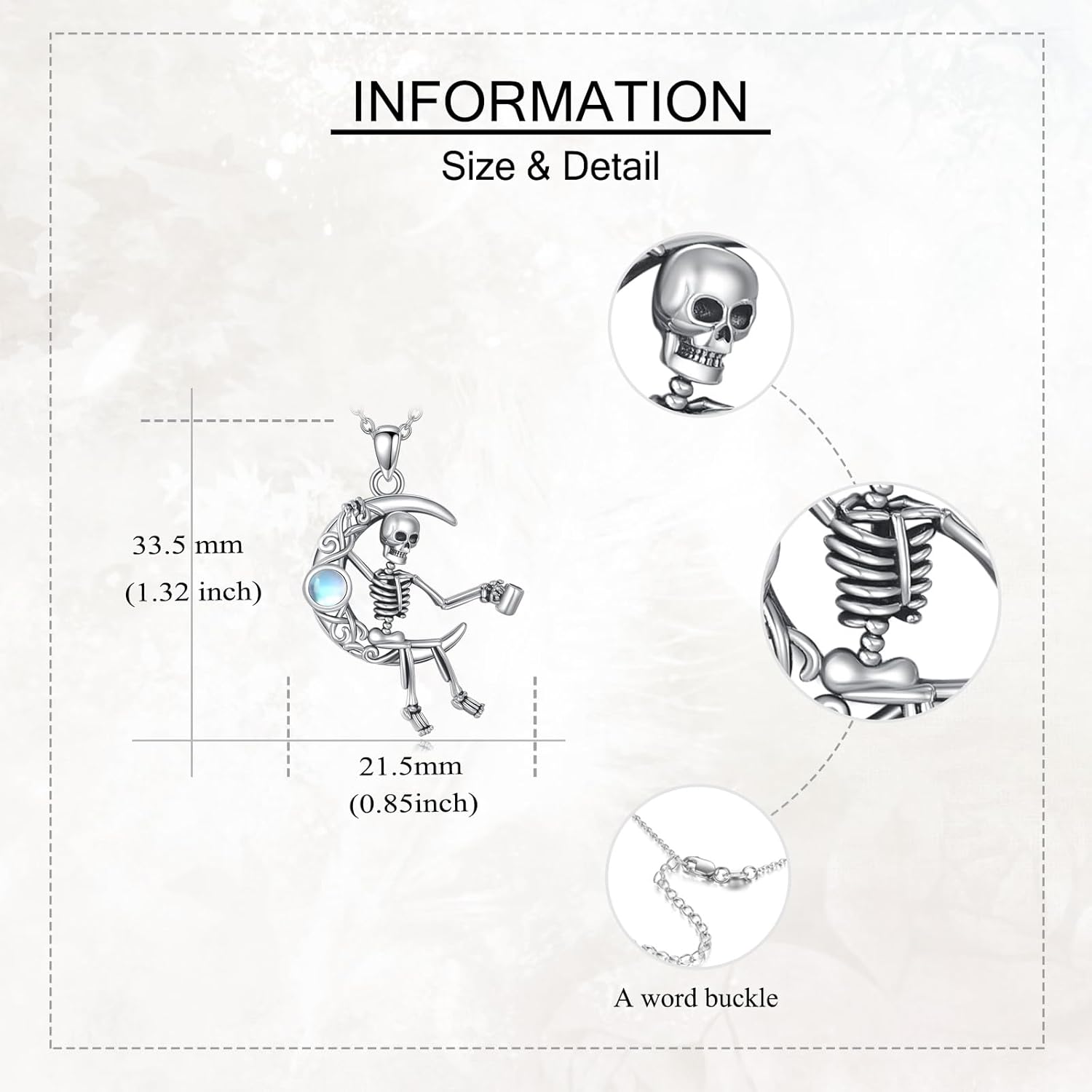 YAFEINI Gothic Skeleton Necklace 925 Sterling Silver Moonstone Skeleton Moon Pendant Necklace Skull Gothic Jewelry Gifts for Women - Image 3