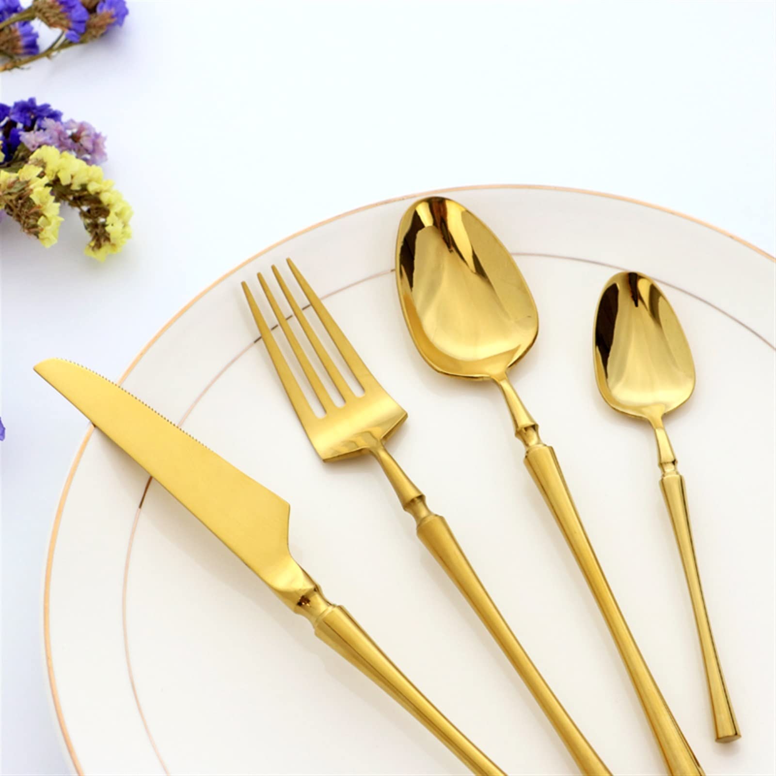 Gabelmesser-Löffel-Set Gold Geschirr Set Glänzend Gespiegelt Besteckset, 18/10 Edelstahl, Geschirr Küchenmesser, Gabel, Teelöffel Besteck Set Rostfreier Stahl (Color : Purple)