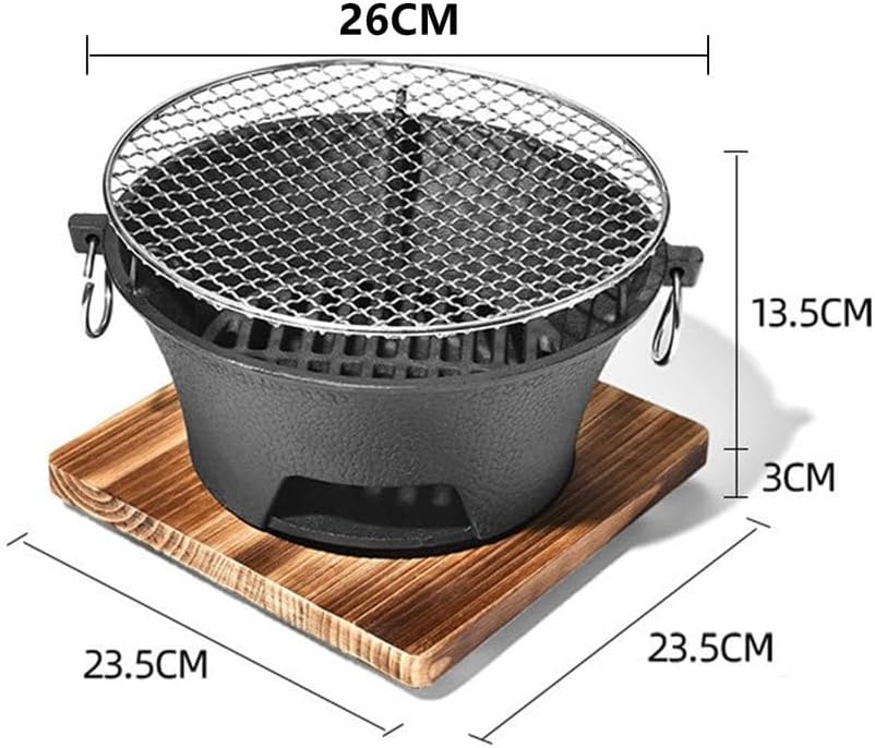 AIZYR Mini BBQ Grill, Portable Charcoal Stove Korean Tabletop Grill Barbecue Grill with Wooden Base for Outdoor Party Camping Picnics,26cm