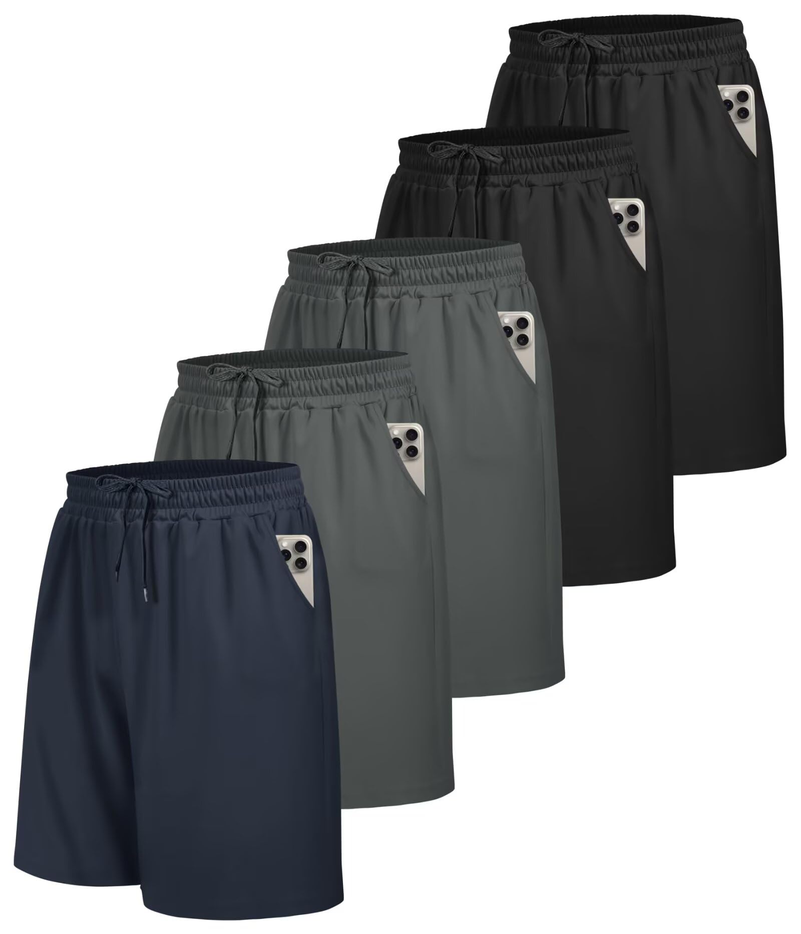 BOOJO Confezione da 5 pantaloncini da palestra da uomo con tasche, traspiranti, per corsa, allenamento