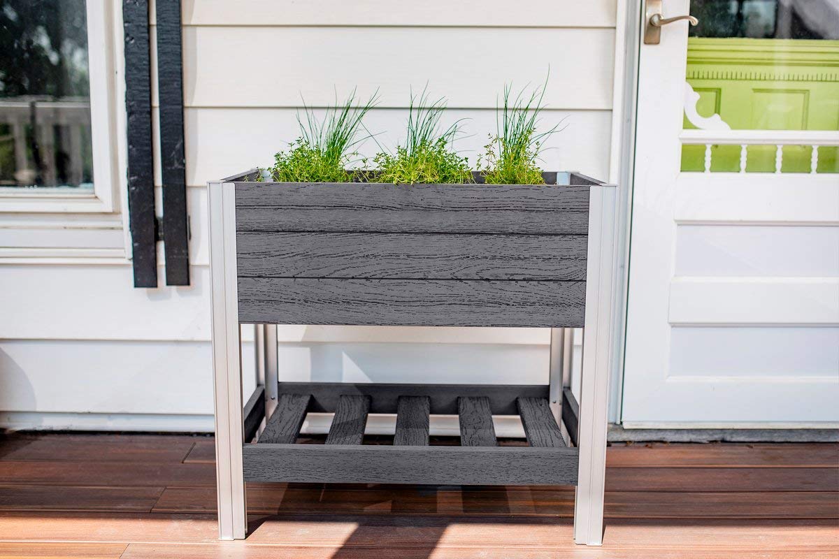 Vita Urbana 18 inch x 30 inch Embossed Vinyl Sprout Farm Elevated Garden with Storage Shelf, Slate Gray, Grey, Woodgrain, PVC, BPA and Pthalate Free, VT17619