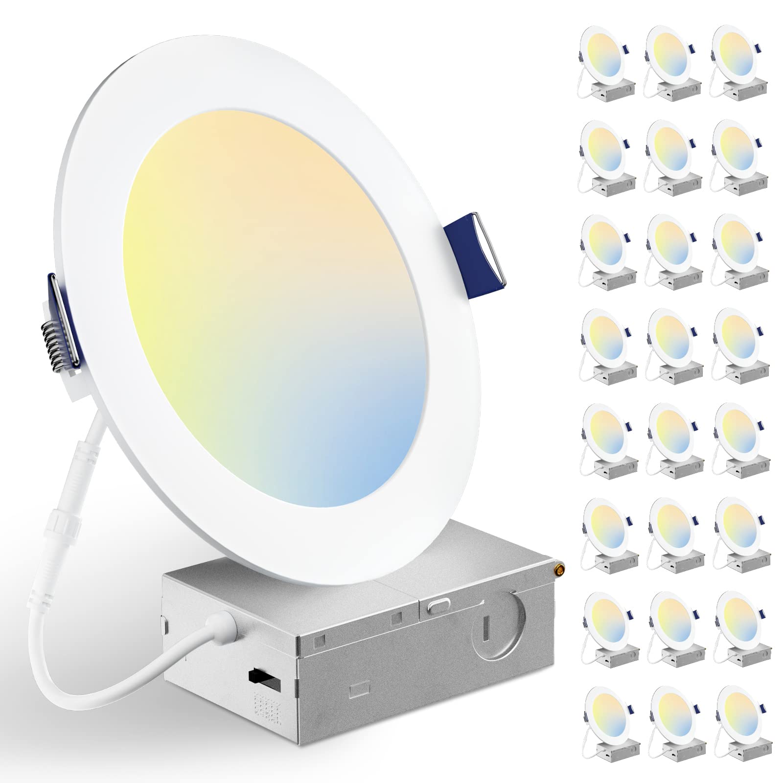 BBOUNDER 24 Pack 6 Inch 5CCT Ultra-Thin LED Recessed Ceiling Light with Junction Box, 2700K/3000K/3500K/4000K/5000K Selectable, 12W Eqv 110W, Dimmable Canless Wafer Downlight, 1050LM - ETL&FCC