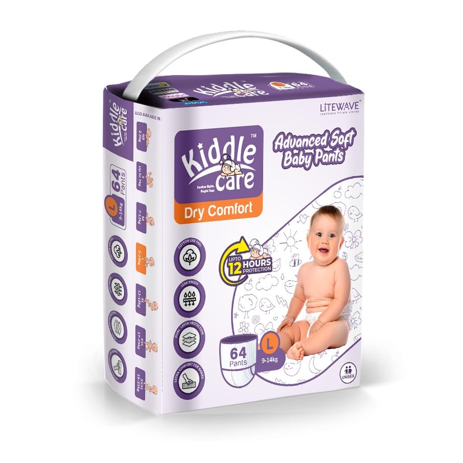 Kiddle Care Advanced Soft Baby Pants Diaper, (Large L Size)_(64 Count) Leak Proof, Up to 12 Hours Protection, Wetness Indicator, (Pack of 1)_(9-14 Kg)