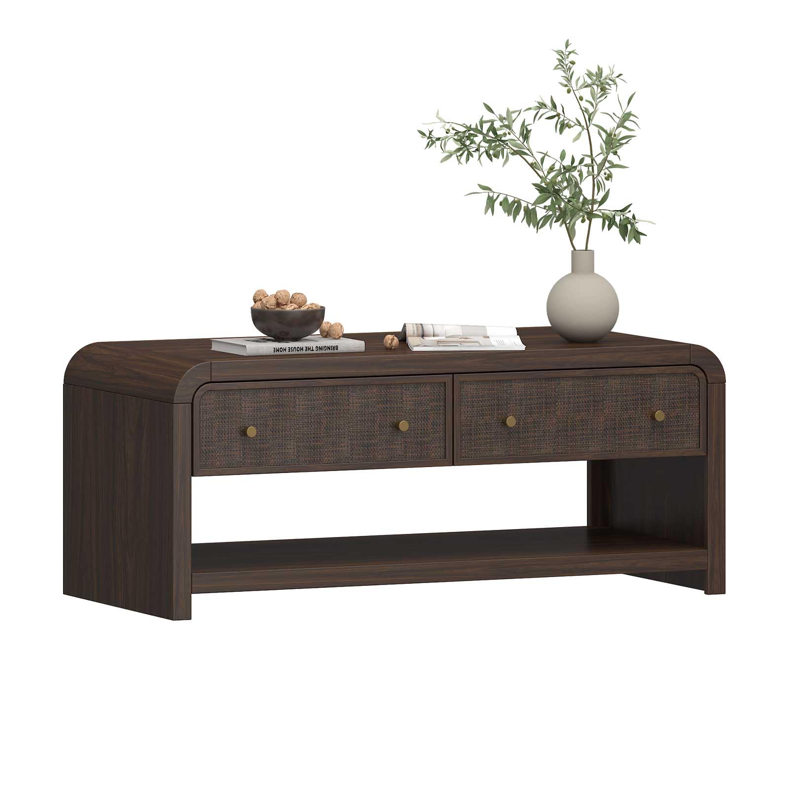 Oak&Sparrow 48'' Boho Coffee Table, Thickened Arc-Shaped Design with Rattan Drawer, Oak Table for Living Room Dark Walnut