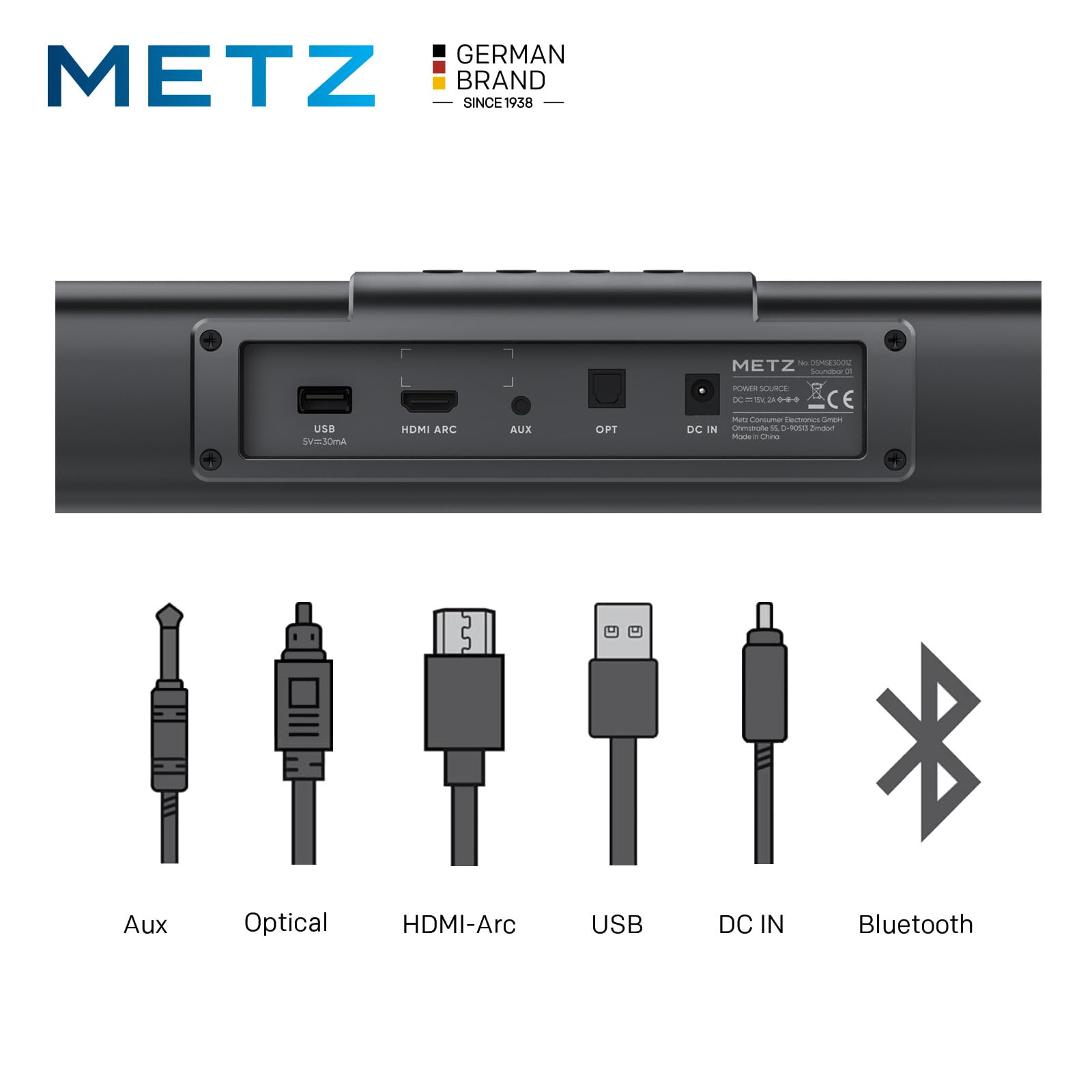Metz Soundbar Bluetooth, MSE3001Z, Stereo 2.0, Speakers 60W, Telecomando, USB, HDMI, AUX, Optical, Nero