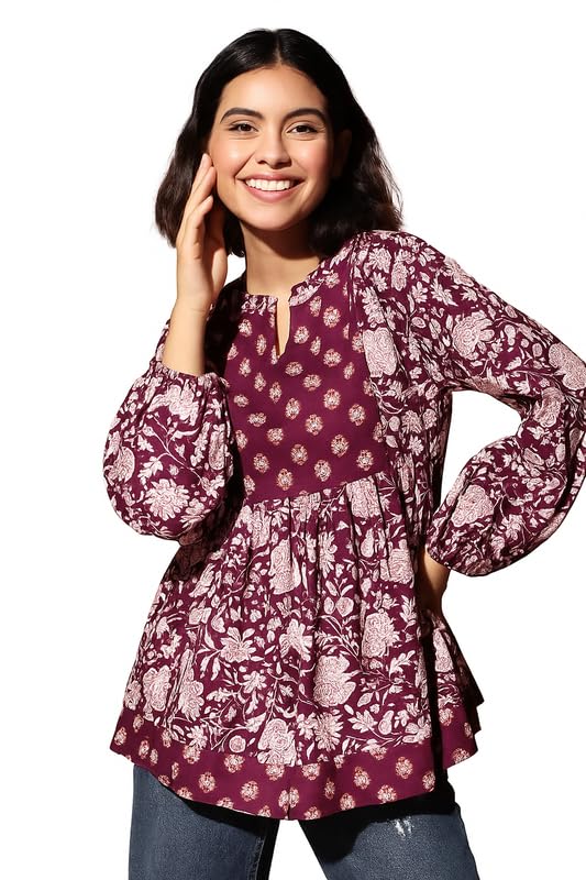 Image of THE DRY STATE Women's Floral Peplum Tunic with Contrast Yoke Panel at Front