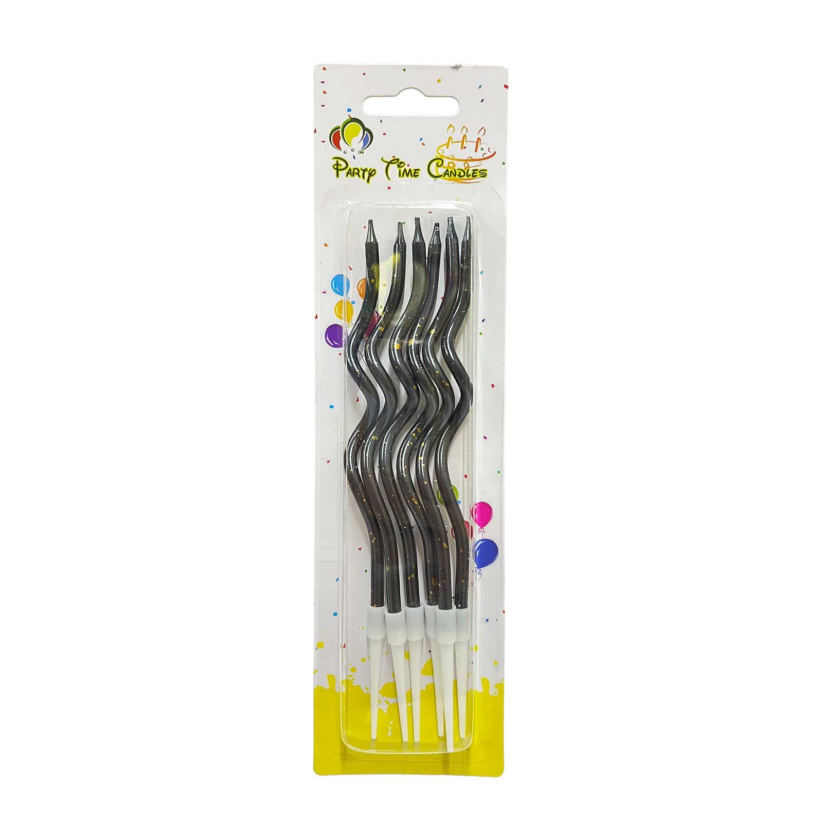 Party Time - 6 Pieces Black Spiral Happy Birthday Candle with Dotted Design One Central Flare Birthday Candles for Any Memorable Events and Occasions (15.5cm.)
