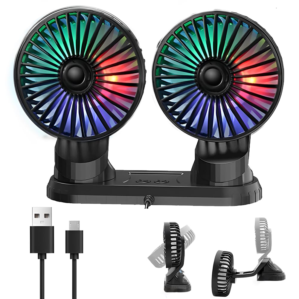 NAVESO Wentylator samochodowy 12/24 V, podwójna głowica USB, 3 prędkości, kolorowe światło, ładowanie, przenośny, 360°, do kampera, SUV, RV, ATV, ciężarówki